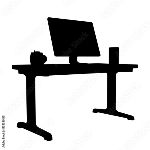 Silhouette of workspace with desk and monitor, minimal office setup for productivity