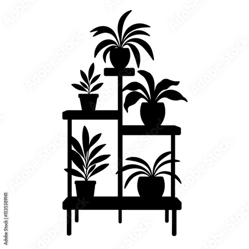 Silhouette of tiered plant stand with potted plants on white background, minimalist interior decor