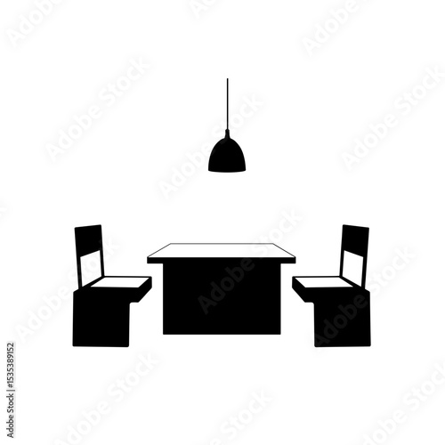 Silhouette of dining setup with table, chairs, and pendant light on white background, minimalist interior design