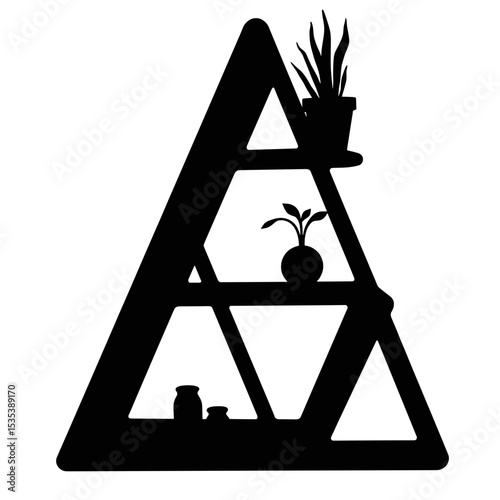 Triangular shelf unit with plants and decor items, minimal black and white design