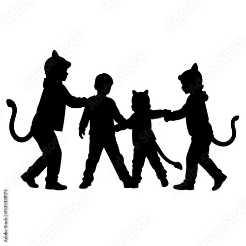 Silhouette of kids in animal costumes playing tag, childhood fun and creativity
