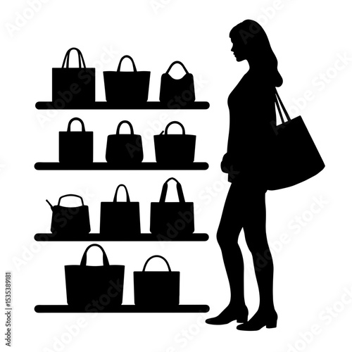 Silhouette of shopper admiring vegan handbags on shelf, minimalist fashion concept