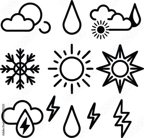 Black and White Weather Icons Set Sun Cloud Rain Snow Lightning Symbols weather symbols sun icon