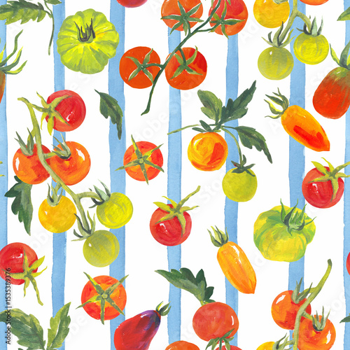 Seamless pattern with farm tomatoes of different varieties on a light blue striped background. Hand-painted in acrylic style, perfect for textiles, packaging, wallpaper, and summer-themed designs.
