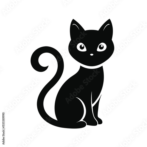 Elegant black cat silhouette sitting upright on a white background simple minimalist style design