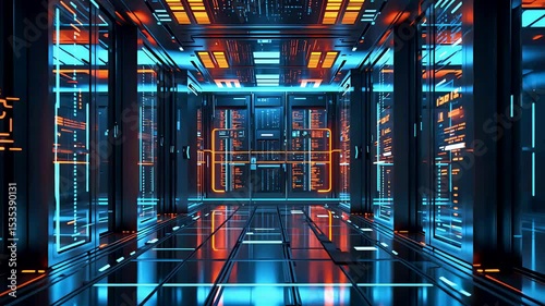 Futuristic neon-lit server room with glowing digital panels, symmetrical reflections, and cyberpunk atmosphere