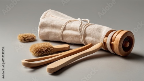 Natural fiber and wooden implements arranged on a gray surface.