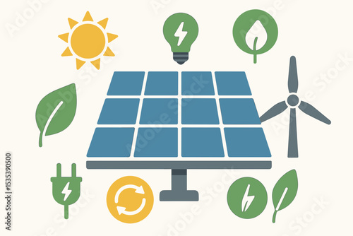 Sustainable Energy Icons Solar Panels, Wind Turbines, and Renewable Power Graphics