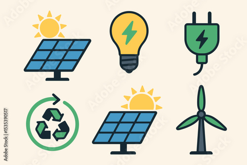 Renewable Energy Icons Solar, Wind, and Recycling Symbols for Sustainable Designs