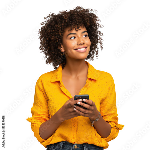 Thoughtful Woman with Phone , white background cut out PNG