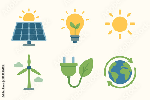 Sustainable Energy Icons Solar, Wind, and Green Power Illustrations