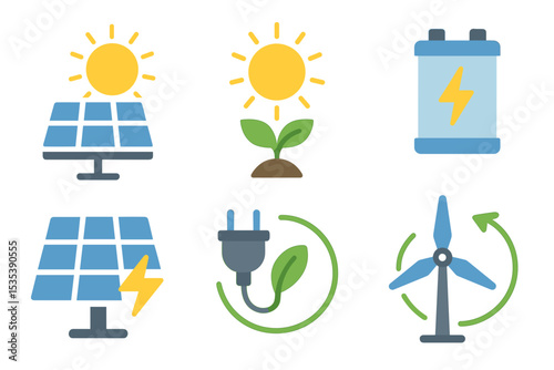 Renewable Energy Icons Solar, Wind, and Plant-Based Power Symbols