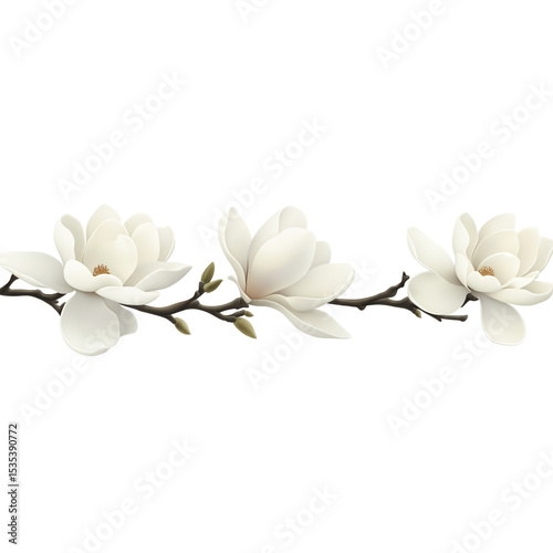 White magnolia flowers on a branch, isolated against a transparent background.  