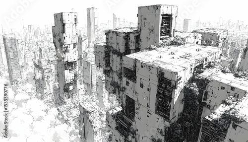 Futuristic cityscape sketch Tall, blocky structures jut from the clouds, silhouetted against a distant skyline
