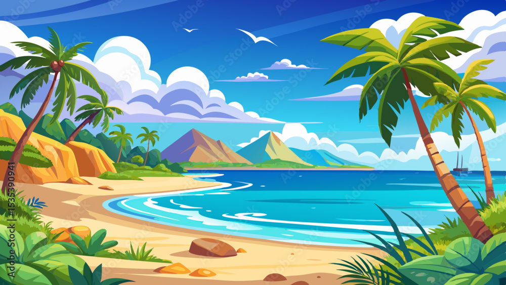 Obraz premium Paradise island beach. Tropical landscape of summer panorama sunny sea sand sky palm trees. Luxury travel vacation destination. Exotic beach landscape. Amazing nature relax tranquil panoramic .Very be