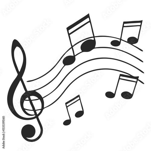 Music Notes Solid Quaver, Crotchet, and Semibreve Symbols, Sharp, Flat, Natural Accents on Musical Staff with Clef, Harmony, and Rhythm Elements – Vector Sound Wave, Audio