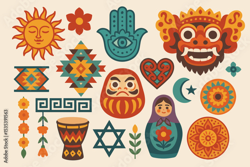 Collection of Cultural Symbols  Vector Illustrations of Diverse Traditions and Beliefs