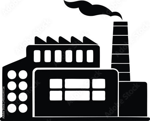 Modern factory building with smokestack – industrial black silhouette for manufacturing concept