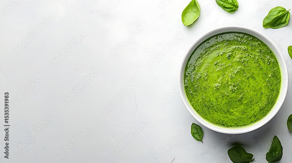Vibrant green cream soup with fresh basil leaves on a white background Vibrant green cream soup with fresh basil leaves on a white background