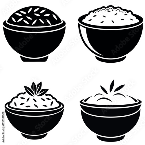 Black and White Rice Bowl Variations Illustration of Culinary Concepts