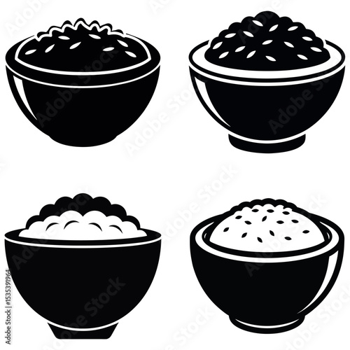 Four Black and White Bowls Filled with Different Types of Food Icons