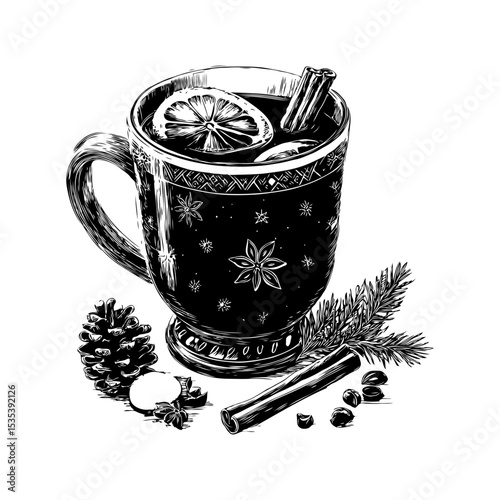 Hand-drawn festive mug of Christmas mulled wine with cinnamon, citrus, pinecone and fir branch on white background, concept of winter holiday drink