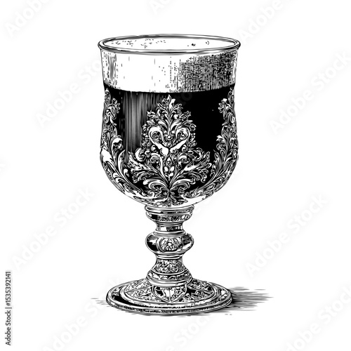 Intricately detailed vintage goblet filled with dark beer, engraving style, placed on a white background. Concept of luxury and tradition