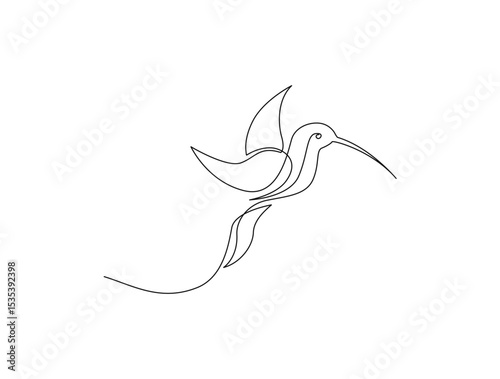 Flying hummingbird in single line draw illustration. Continuous one line drawing of colibri. Editable stroke.