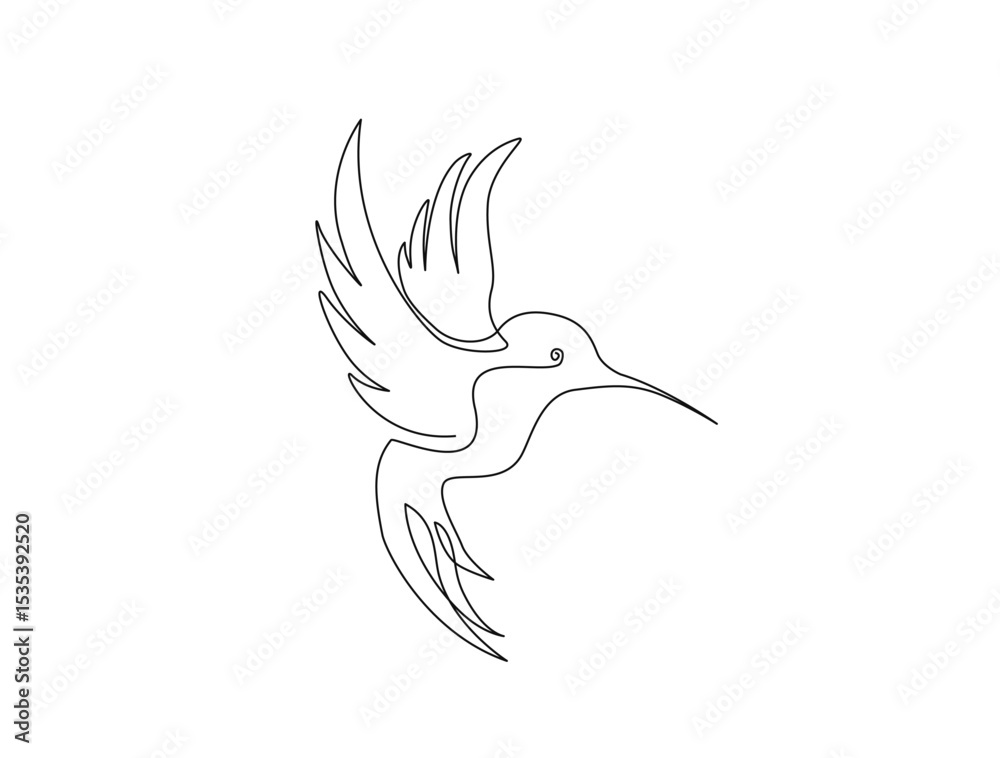 Fototapeta premium Flying hummingbird in single line draw illustration. Continuous one line drawing of colibri. Editable stroke.