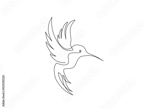Flying hummingbird in single line draw illustration. Continuous one line drawing of colibri. Editable stroke.