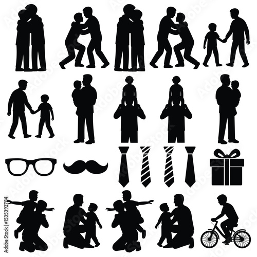Father and son black silhouette for family bonding icons isolated on white background. Collection of black silhouette illustrations fathers and sons in various playful activities.