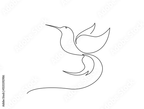 Flying hummingbird in single line draw illustration. Continuous one line drawing of colibri. Editable stroke.