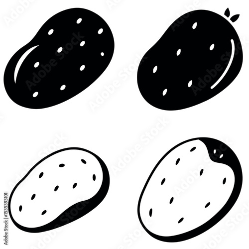 Four Black and White Potato Icons with Eyes Isolated on a White Background