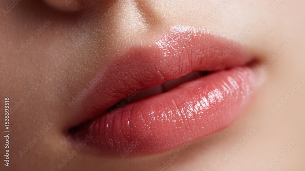 Fototapeta premium Sensual Kiss: A close-up image of perfectly shaped lips, radiating a natural, alluring glow, inviting touch and whispering the promise of delicate pleasure.