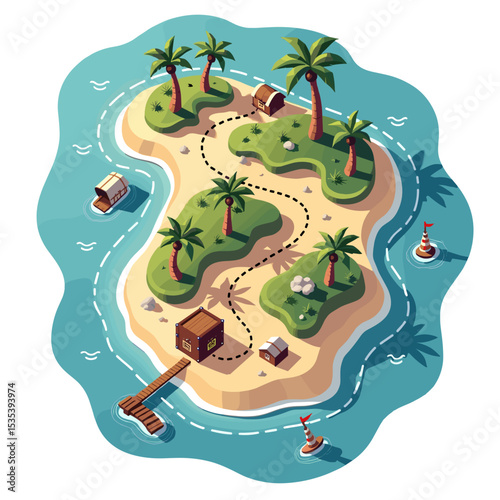 Treasure map, stylized island with palms and chest, used for adventure games