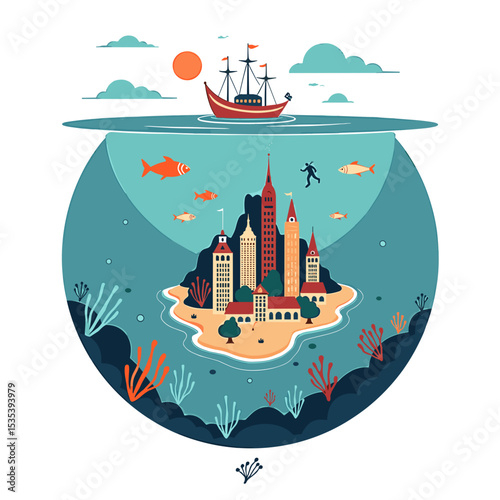 Coastal city and boat above, in an underwater seascape globe, the concept of vacation travel and adventure
