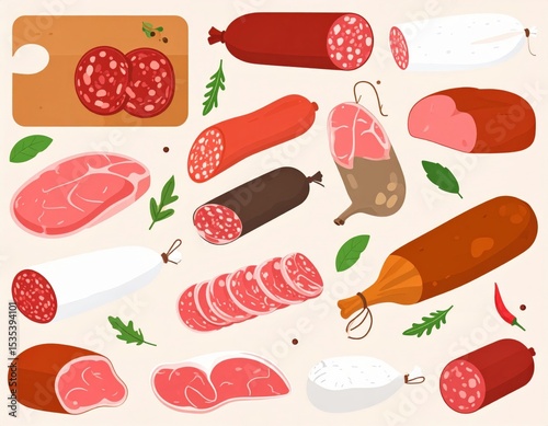 Variety Of Sausages And Meats On Beige Background