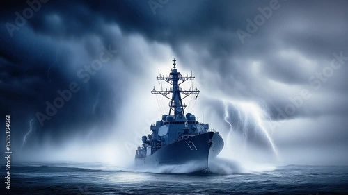 A military warship sails through an epic lightning storm at sea.