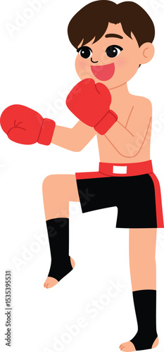 smile boy cartoon character Muay Thai training, traditional thai boxing, health, happy man workout , healthy lifestyle illustration