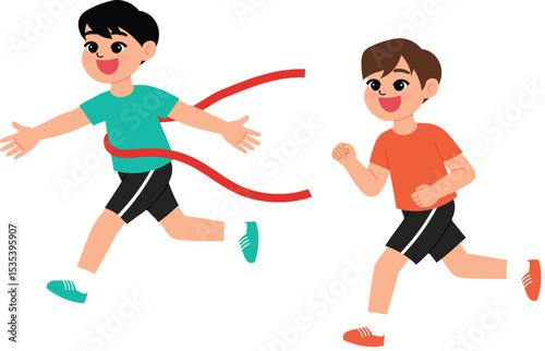 smile boy character win racing, children athletic running race into finish line, game day, sport competition illustration