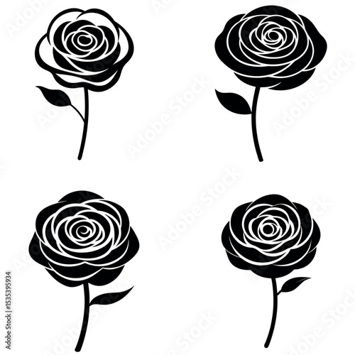 Four Black Rose Designs Elegant Floral Silhouettes Against a White Background Displayed Vertically and Horizontally