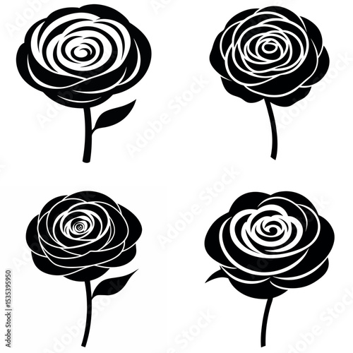 Four Black Rose Silhouettes on a White Background, Each Differing Slightly in Form