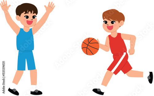 smile boy character playing basketball, children athletic dribble the basketball ball , game day, sport competition illustration