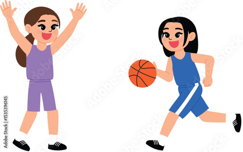 smile boy character playing basketball, children athletic dribble the basketball ball , game day, sport competition illustration
