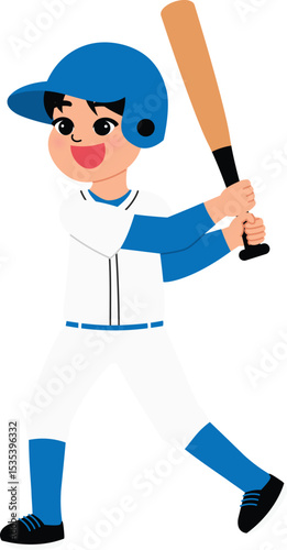 smile boy character in patter position playing baseball, children athlete holding baseball bat try to hit the ball, game day, sport competition illustration
