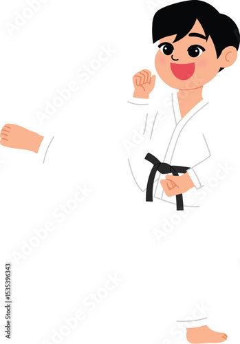 smile boy character practice taekwondo martial art, children athlete kicking, game day, sport competition illustration
