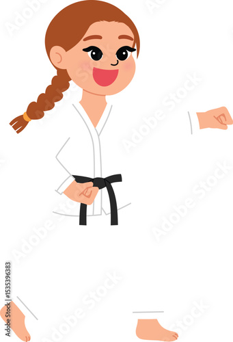 smile girl character practice taekwondo martial art, children athlete punching, game day, sport competition illustration