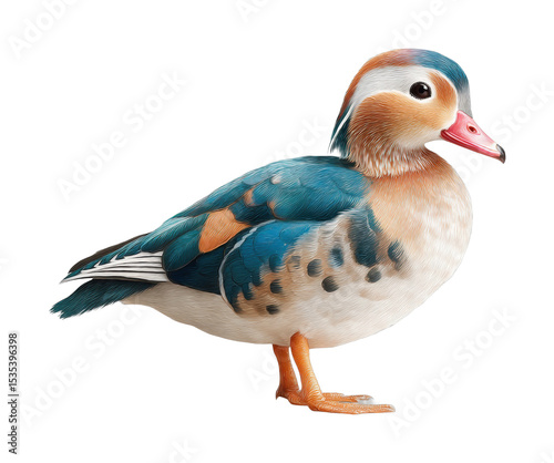 Colorful mandarin duck with vibrant plumage in profile view