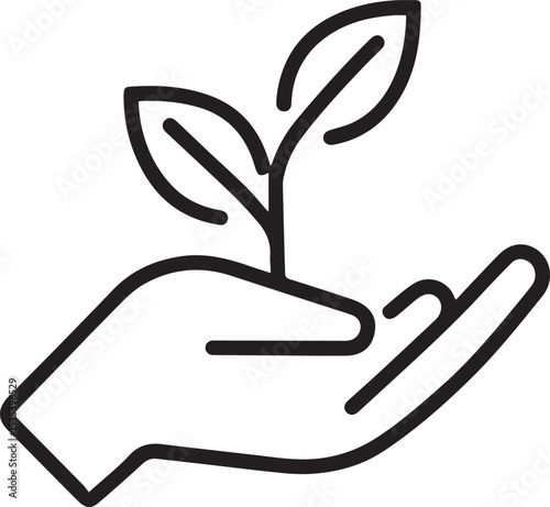 Hand Holding Plant Line Icon. Eco Growth Symbol Vector.