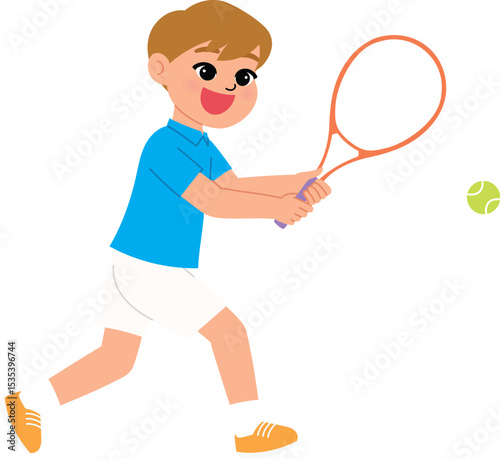 smile boy character playing tennis, children athletic hitting a ball , game day, sport competition illustration